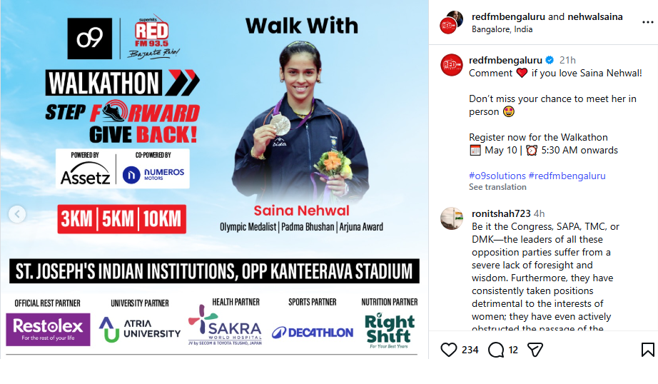 Saina Nehwal Headlines Red FM Walkathon Initiative